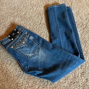 Miss Me Blue Skinny Jeans with Intricate Stitching